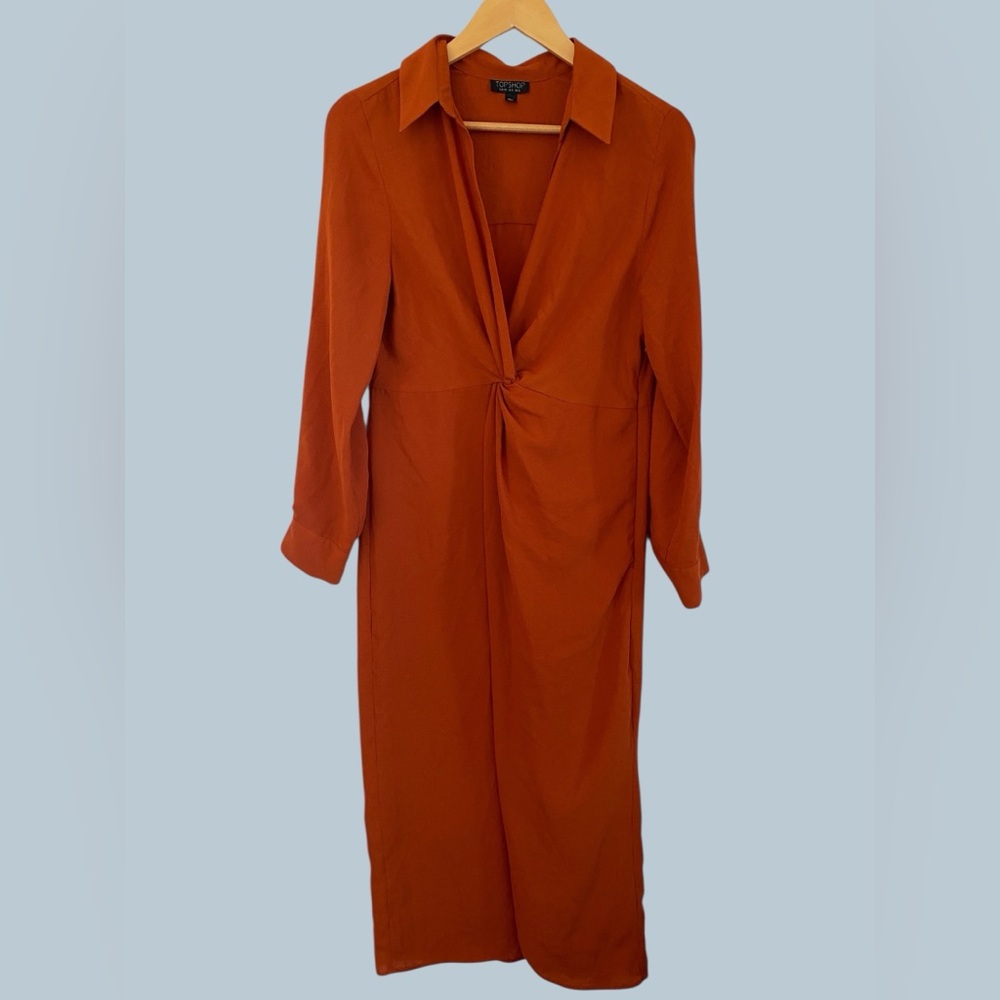 Topshop Rust Twist-Front Midi Dress Long Sleeve Dress